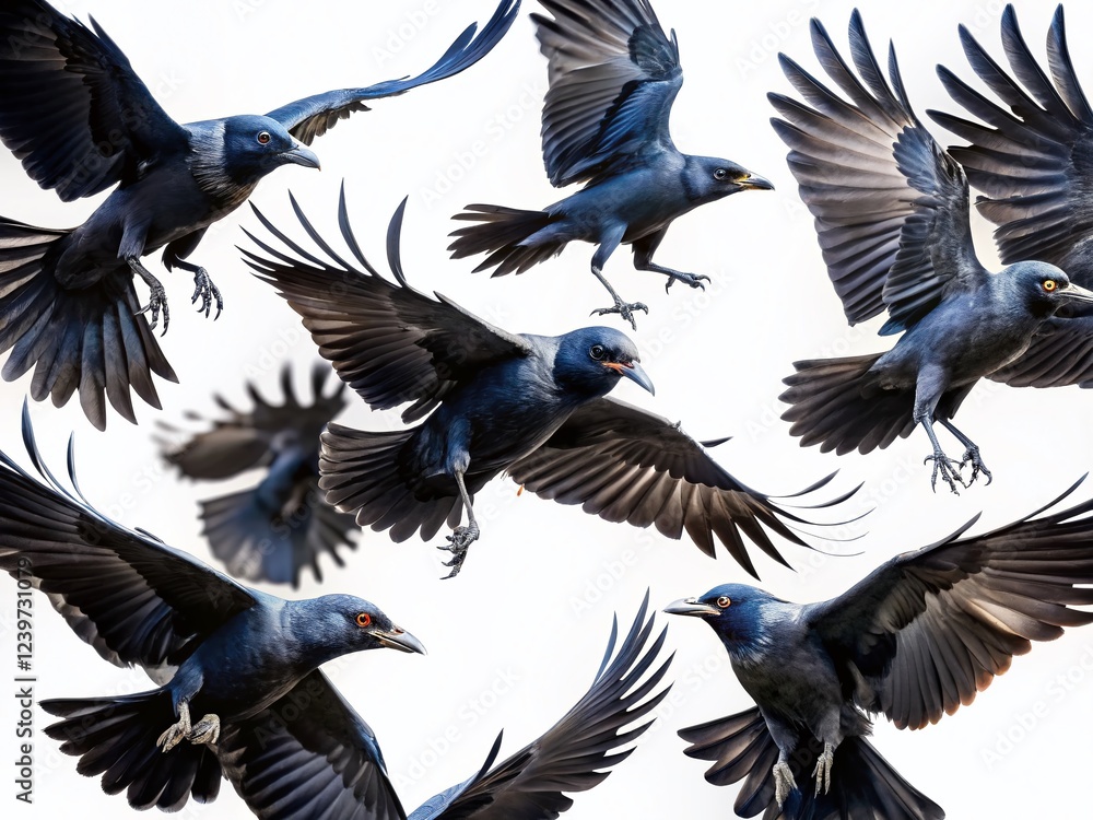 Fototapeta premium Group of Black Crows Flying on White Background Isolated