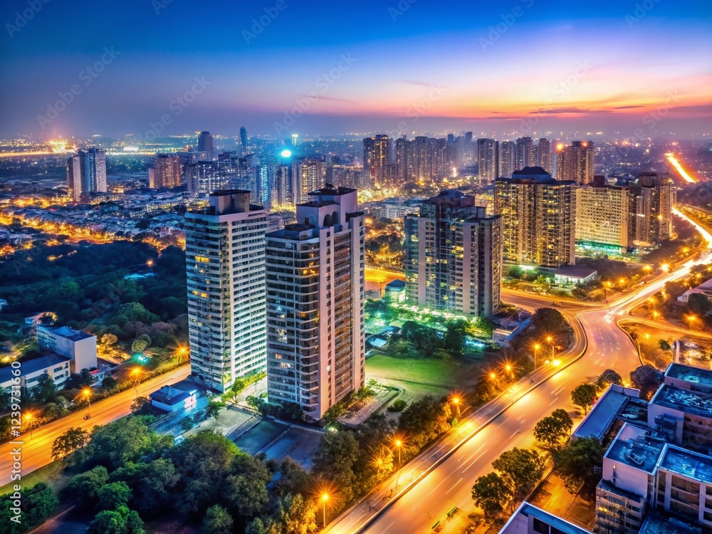 Fototapeta premium Cityscape at Dawn: A breathtaking aerial view captures the vibrant cityscape at dawn. Towers gleam under the soft light of the rising sun, while roads weave through the urban landscape.