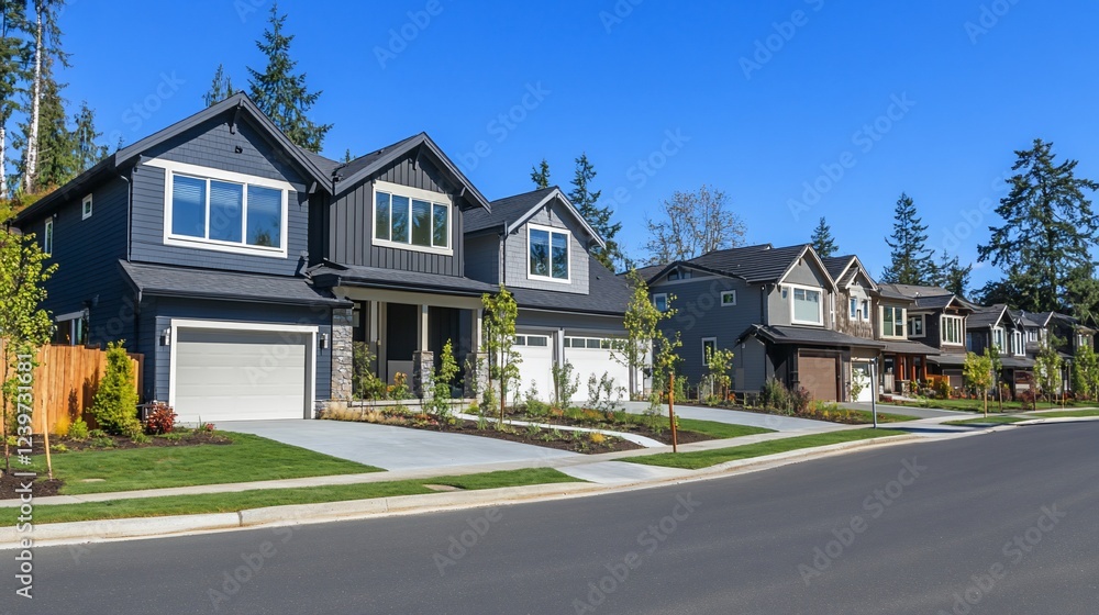 Suburban neighborhood street with a row of modern houses on a sunny day Suburban neighborhood street with a row of modern houses on a sunny day