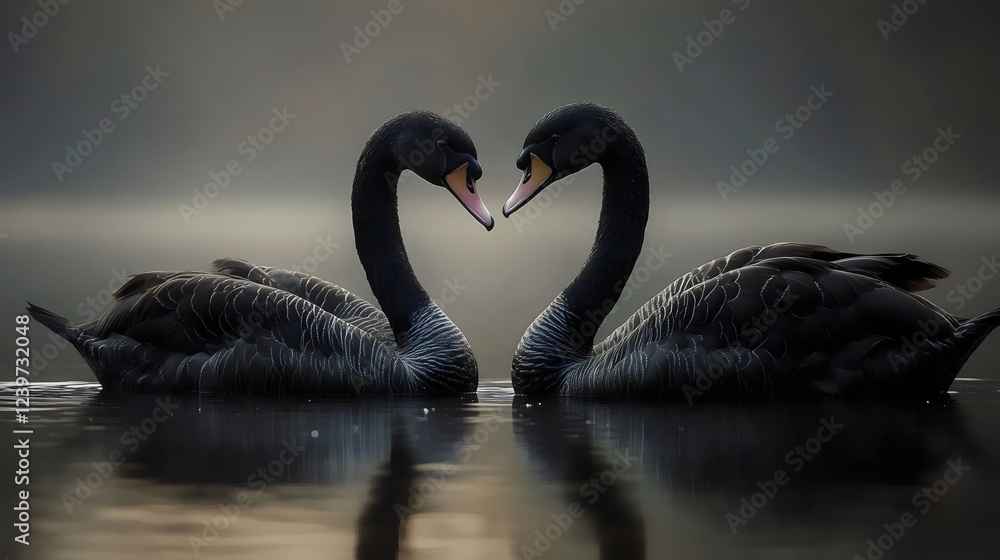 Obraz premium Two black swans are swimming in a pond, their heads