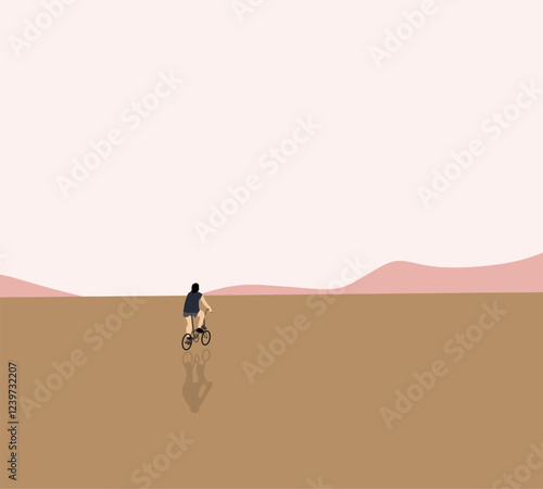 Man riding BMX on desert with landscape mountain view. Modern urban bicycle sport. Minimal art design. 