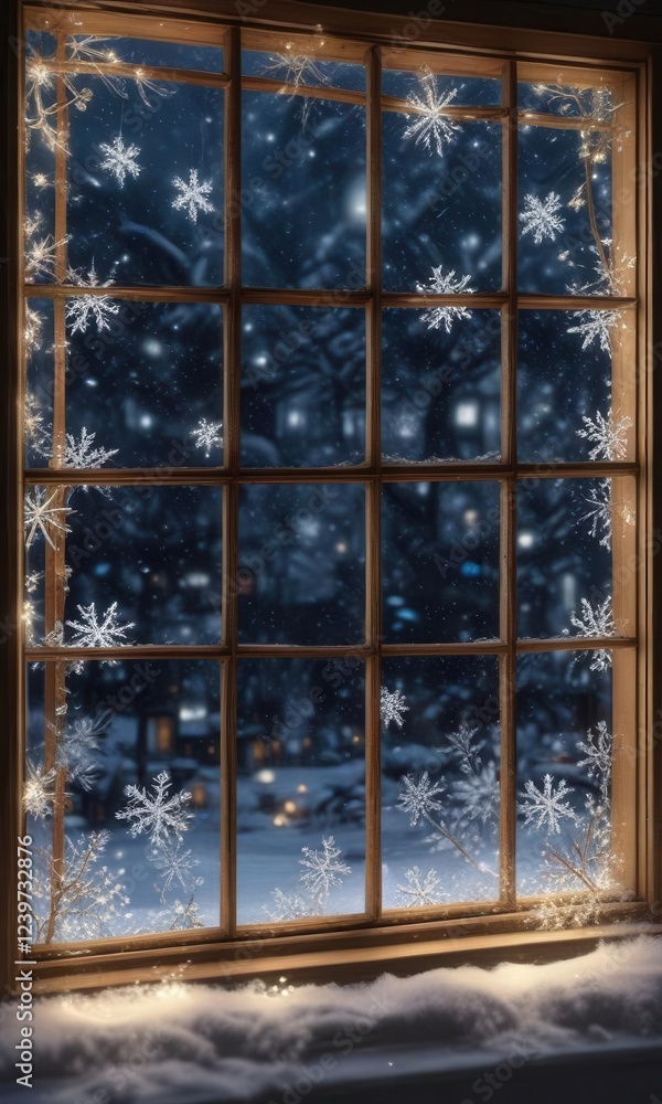 Naklejka premium Frosty windowpane with snowflakes and Christmas lights, snowflakes, snowy window,
