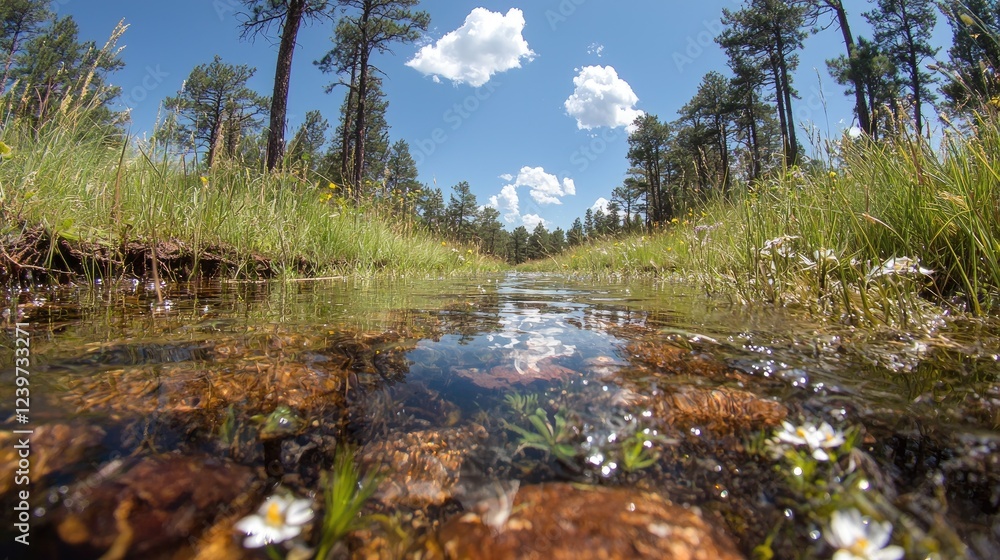 Calm creek flows through pine forest, sunny day. Nature background for travel brochures