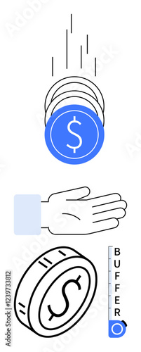 Blue coin falling toward hand, coin with dollar symbol, vertical buffer gauge. Ideal for saving, budgeting, finance management, investments, economic stability, growth tracking abstract line flat