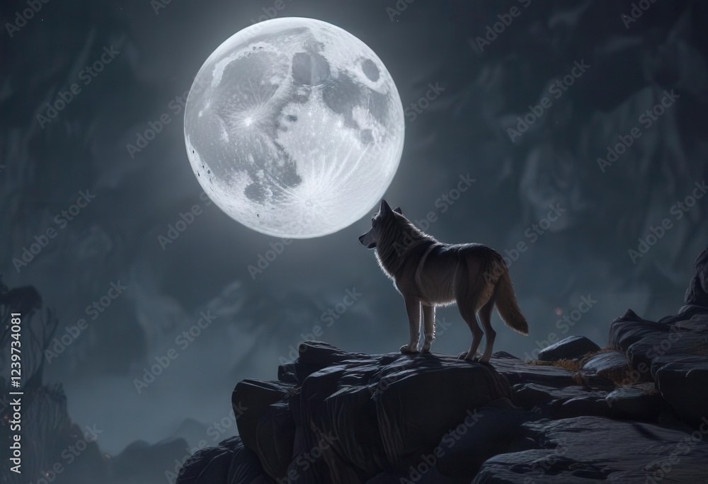 Full moon night with a lone wolf standing on a rocky cliff, nature, wilderness, full moon Full moon night with a lone wolf standing on a rocky cliff, nature, wilderness, full moon