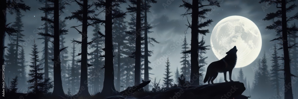 Full moonlit forest with a lone wolf standing upright on hind legs howling at the sky, animal behavior, wildlife, wolf behavior Full moonlit forest with a lone wolf standing upright on hind legs howling at the sky, animal behavior, wildlife, wolf behavior