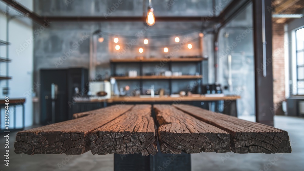 A rustic wooden table featuring a textured surface, with warm light bulbs illuminating an industrial-style café in the background. A rustic wooden table featuring a textured surface, with warm light bulbs illuminating an industrial-style café in the background.