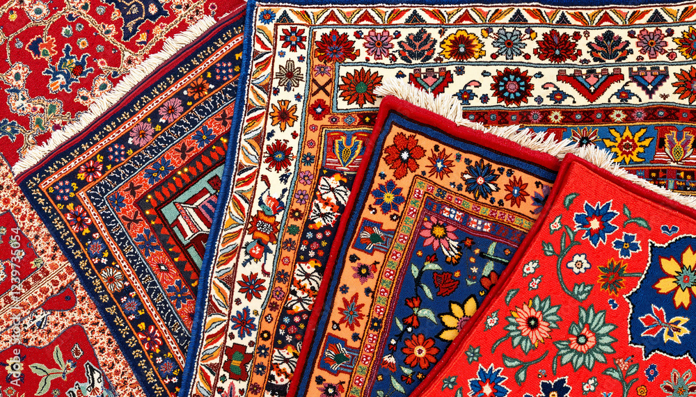 Colorful patterned rugs on textured background. Persian rugs. Colorful patterned rugs on textured background. Persian rugs.