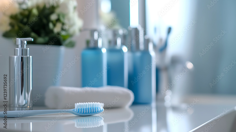 Close-Up of Toothbrush with Toothpaste and Mouthwash Bottles on a Pristine Bathroom Counter Close-Up of Toothbrush with Toothpaste and Mouthwash Bottles on a Pristine Bathroom Counter