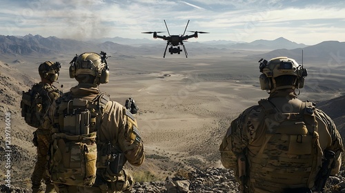 A specialized military team using their own tactical drones to counter and neutralize enemy unmanned aerial vehicles UAVs during a covert combat The team is equipped with high tech gear and employing