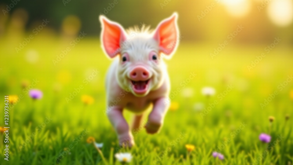 A playful baby piglet dashes through a lush green meadow, bathed in warm sunlight. Vibrant colors, wildflowers, and a joyful atmosphere create a lively countryside scene. A playful baby piglet dashes through a lush green meadow, bathed in warm sunlight. Vibrant colors, wildflowers, and a joyful atmosphere create a lively countryside scene.