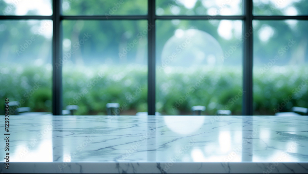 Empty white marble table top with beautiful blurred garden background visible through bright window Empty white marble table top with beautiful blurred garden background visible through bright window