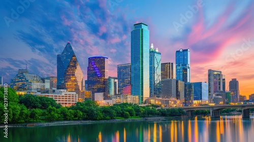 Dallas Skyline at Dusk: Vibrant Reflections on the Trinity River