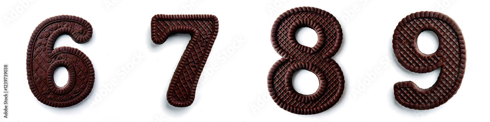 Numbers 6, 7, 8, 9. Crispy Chocolate Biscuit Alphabet: Realistic Ornamental Letters Numbers 6, 7, 8, 9. Crispy Chocolate Biscuit Alphabet: Realistic Ornamental Letters