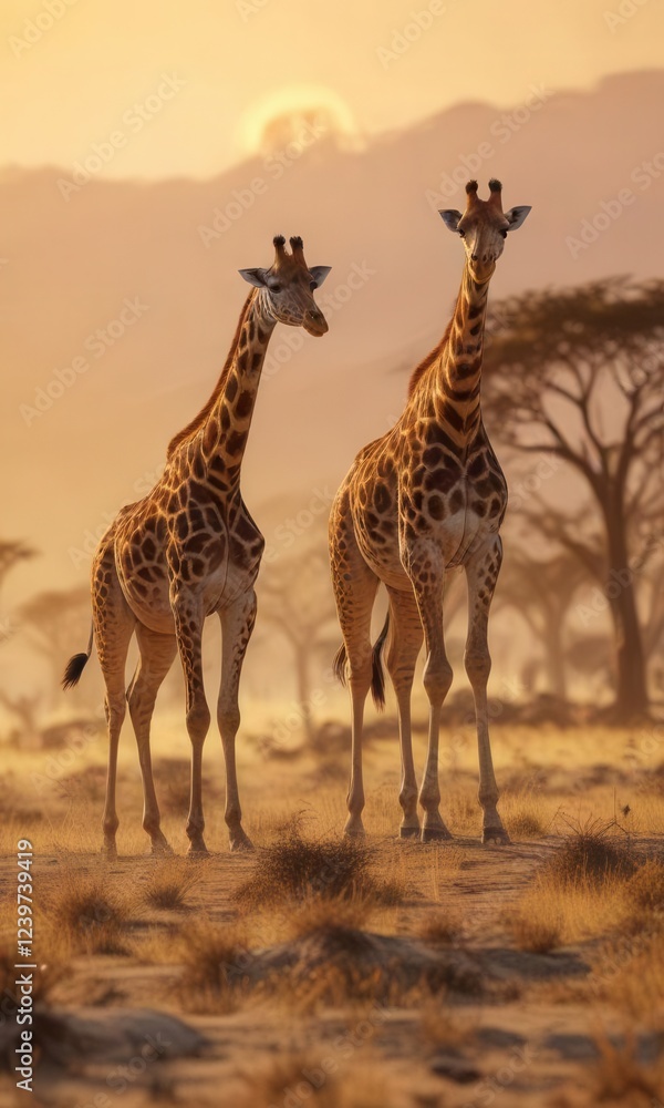 Obraz premium Giraffes roaming freely in a vast savannah at sunset with golden hues casting across their tall bodies, grassy land, , wildlife