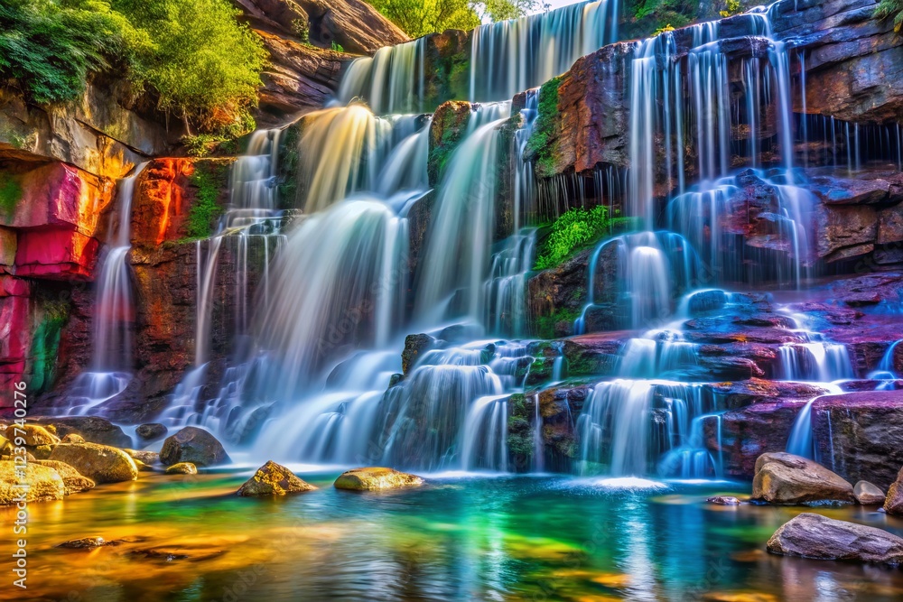 Vibrant Waterfall: Atmospheric Science Photography - Sparkling Cascade, Colorful Nature, Relaxed Mood Vibrant Waterfall: Atmospheric Science Photography - Sparkling Cascade, Colorful Nature, Relaxed Mood
