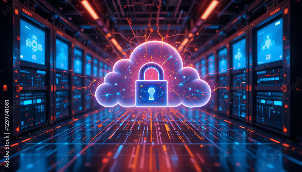 Obraz premium digital cloud with padlock symbolizes secure data storage and protection in server room