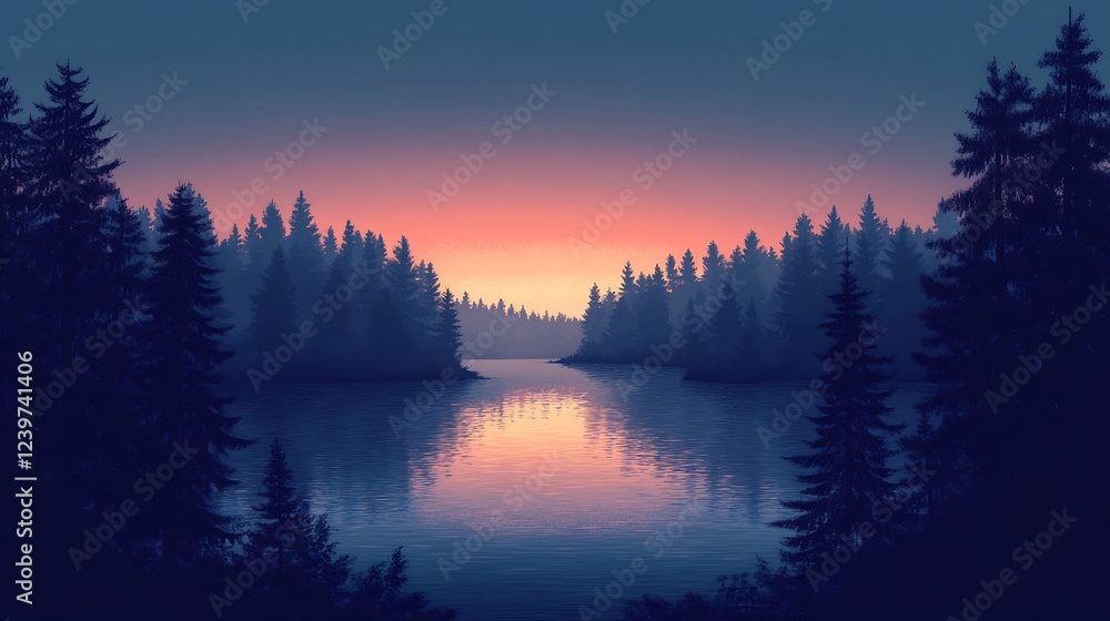 Fototapeta premium Serene Sunset Reflecting on Calm Lake Misty Forest Silhouette. AI Generated