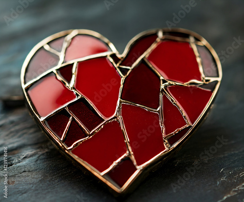 Broken Red Heart Mosaic. Close-up of a red stained glass heart, appearing broken but beautifully pieced together with golden seams. A powerful metaphor for healing, love, and emotional strength
