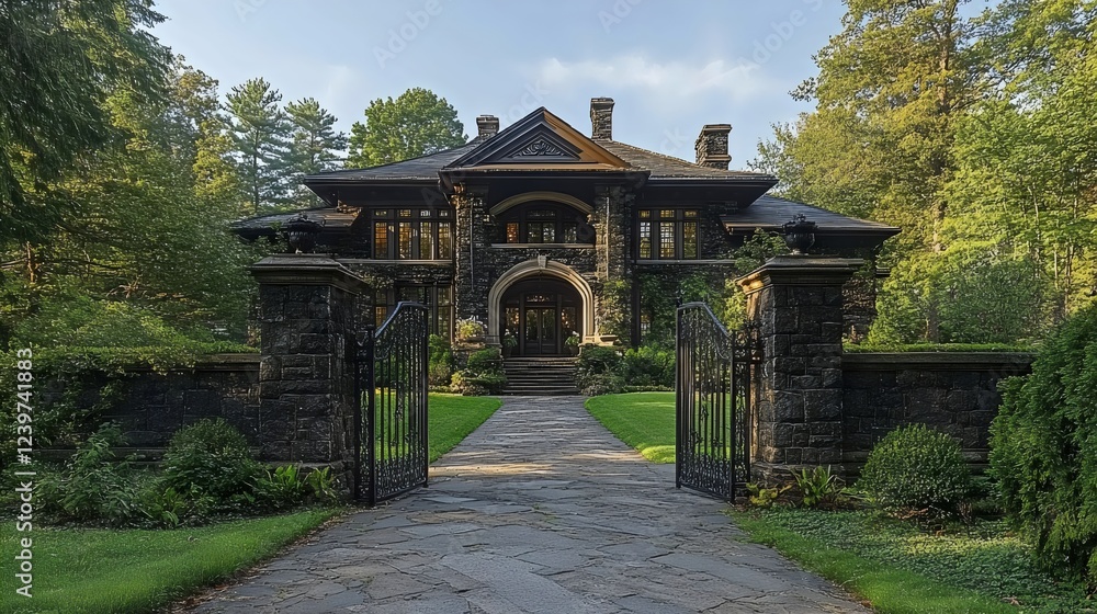 Obraz premium A large house with a black gate and a stone wall