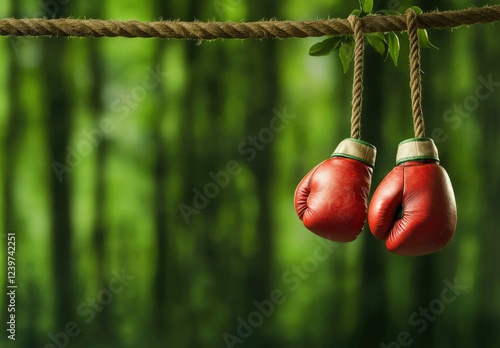 Red Boxing Gloves Hanging From Rope In Forest photo