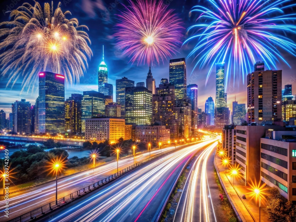Fototapeta premium 2024 New Year's long exposure: dazzling fireworks and city lights illuminate the night's celebration.