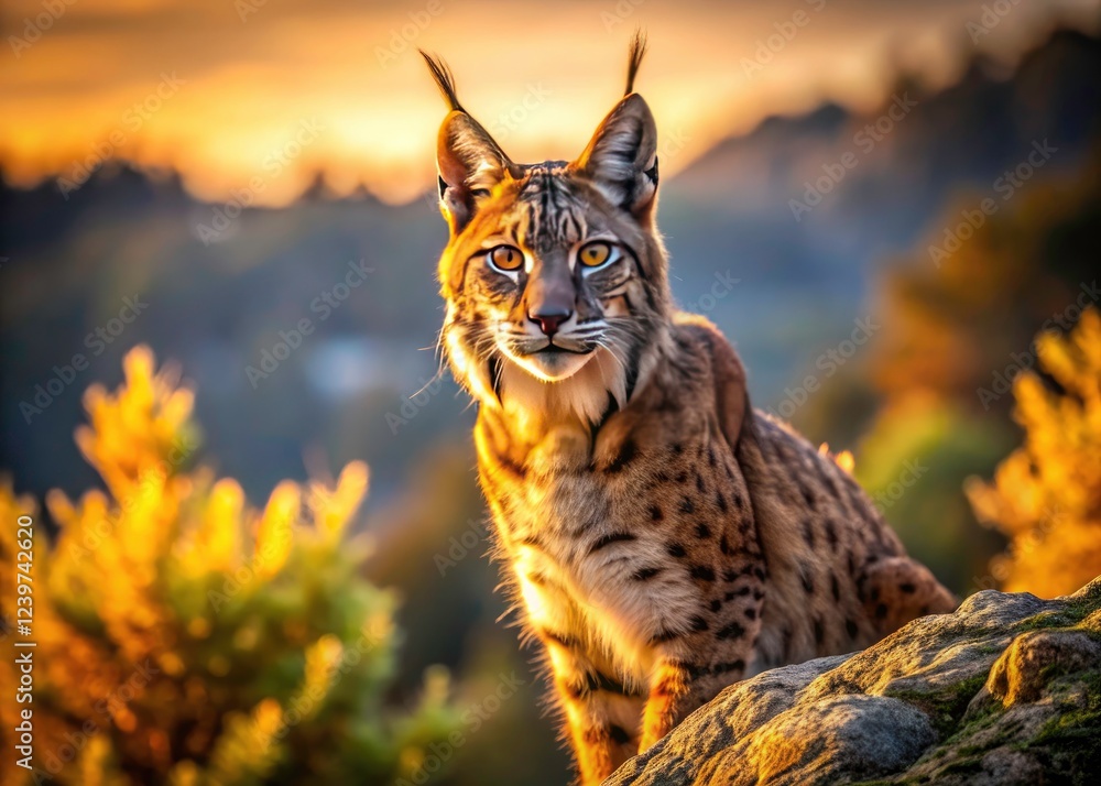 Fototapeta premium Aerial view: a majestic Iberian lynx against a bright sky. Spain's endangered treasure.