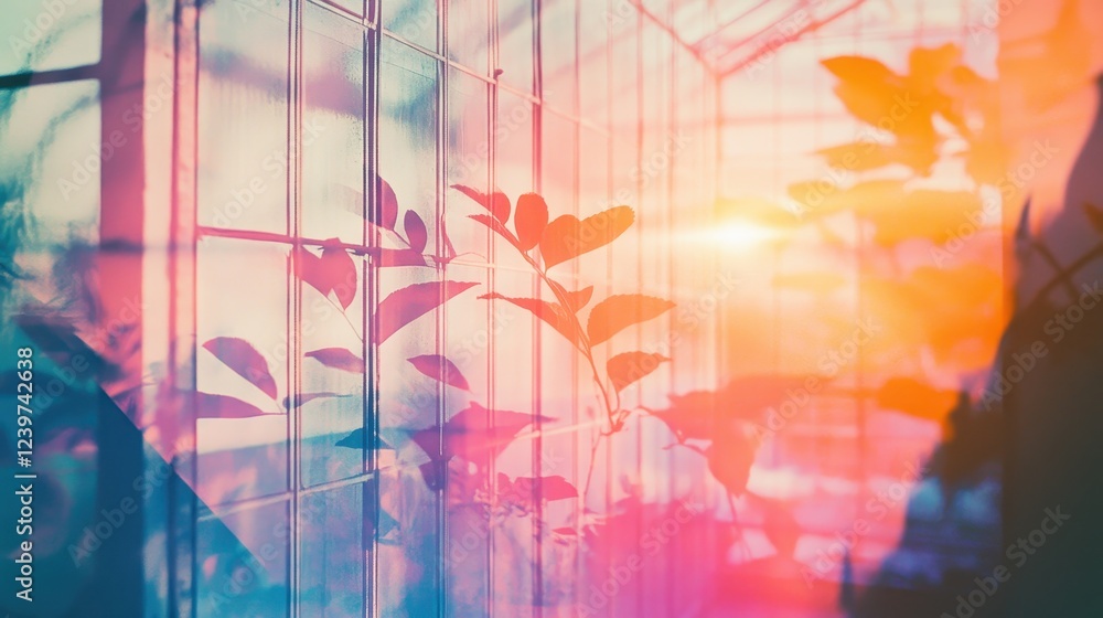 Fototapeta premium Dreamlike Greenhouse Serenity: Sunlight Through Glass and Plants.