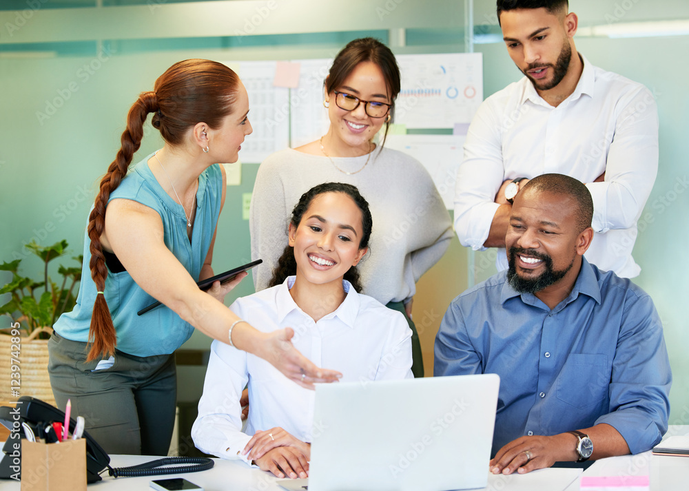 Obraz premium Teamwork, business people and feedback with laptop in office, tax research and report for bookkeeping. Collaboration, employees and accountant with tablet for statement review, smile and discussion