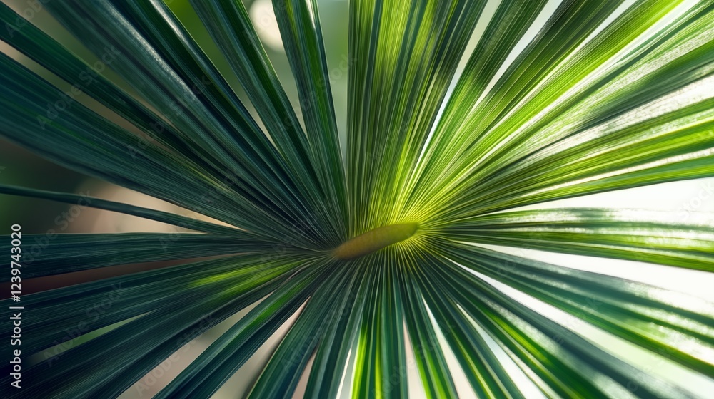 Close-up view of a vibrant green palm leaf, showcasing its radial structure and intricate linear patterns Close-up view of a vibrant green palm leaf, showcasing its radial structure and intricate linear patterns