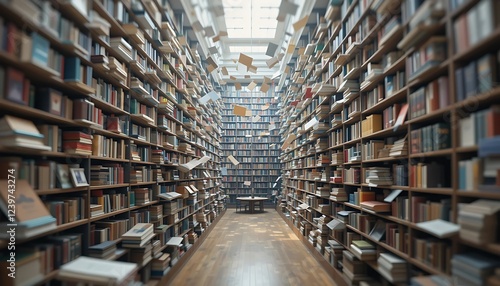 Extensive Library Hallway Filled With Books And Floating Pages