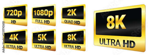 Set illustration of gold-and-black logos representing various screen resolutions, including 720p, 1080p, 2K Quad HD, 4K Ultra HD, 5K Ultra HD, and 8K Ultra HD, designed with a sleek, modern style