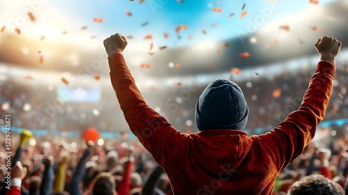 Energetic mass of fans passionately chanting singing and celebrating at a thrilling soccer match in a packed sports arena creating an electric atmosphere of unity triumph and unbridled enthusiasm photo