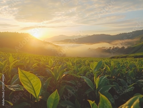 Beautiful sunrise view at Tea Plantation, Cameron Highland.  - ai photo