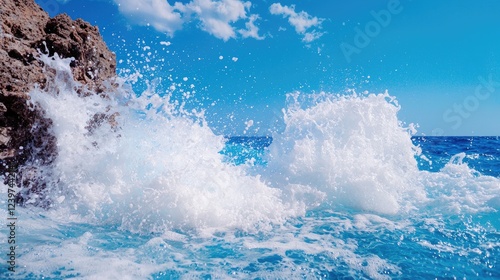 Wallpaper Mural Ocean waves crashing against rocks, sunny sky. Travel brochure Torontodigital.ca