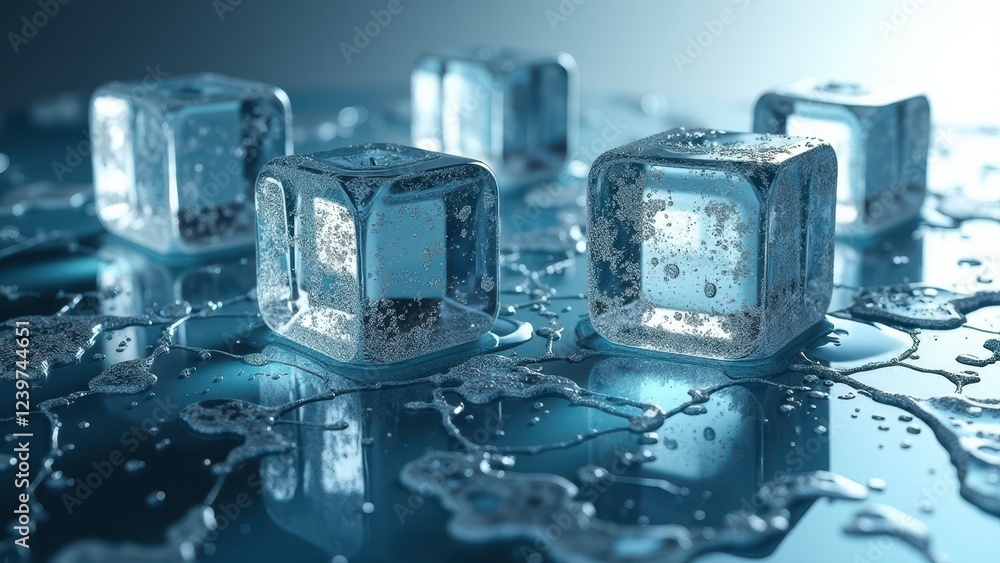 Melting ice cubes on a decorative reflective surface with intricate patterns Melting ice cubes on a decorative reflective surface with intricate patterns