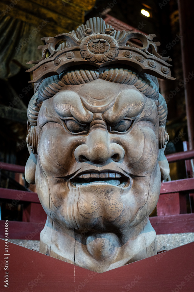 Intricate Wooden Statue Head with Fierce Expression, possibly from a Japanese Temple Intricate Wooden Statue Head with Fierce Expression, possibly from a Japanese Temple