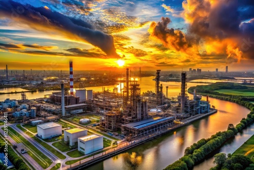 Aerial view:  sunset paints the refinery in gold, water reflecting the dramatic industrial scene.