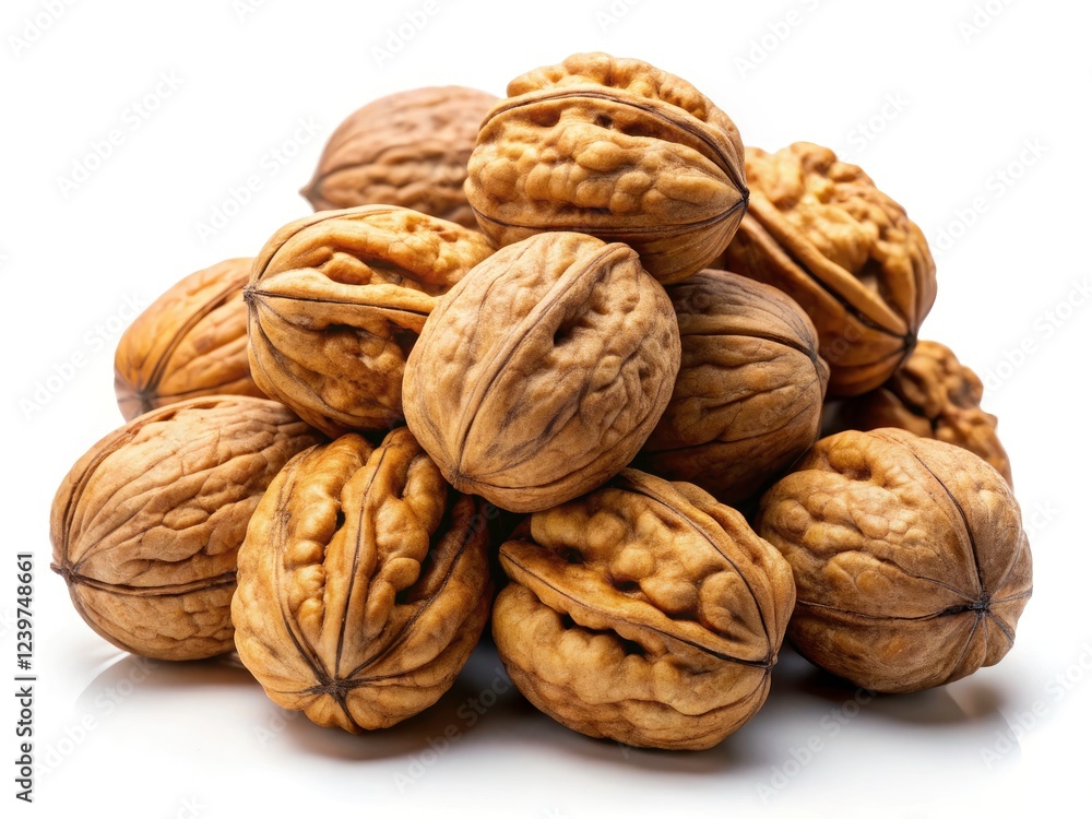 Close-up view of a heap of rustic walnuts, cleanly isolated on white. Close-up view of a heap of rustic walnuts, cleanly isolated on white.