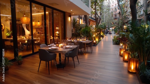 Romantic outdoor dining, city alley, warm lighting, evening ambiance, restaurant marketing