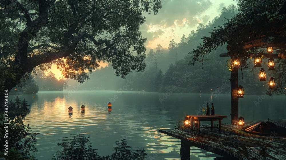 Fototapeta premium Serene Lakeside Retreat at Dusk with Lanterns Illuminating a Tranquil Dock Amidst Lush Greenery and Reflective Water Surface Tranquil
