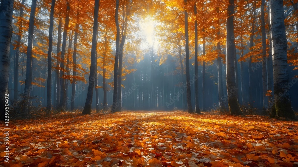 Obraz premium A forest with a path through it and a sun shining through the trees