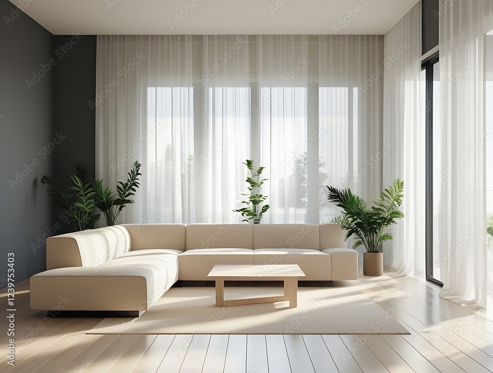 Fototapeta premium Stylish and serene living room with modern furniture in soft tones, large windows, and plants, offering a tranquil and spacious setting for relaxation and comfort.