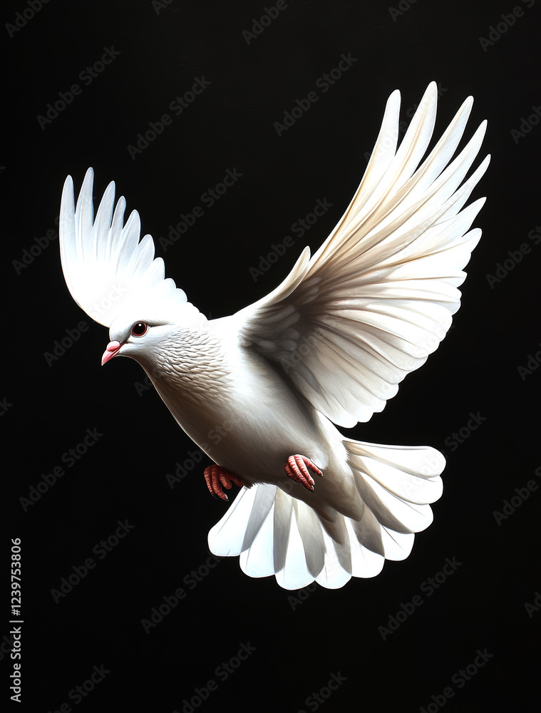 Obraz premium A stunning depiction of a white dove in mid-flight, showcasing its elegant wings and serene beauty against a dark background.
