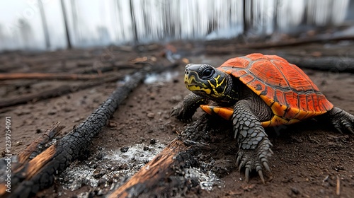 Resilient Reptile Navigates Charred Woodland Aftermath A turtle courageously crawls through the smoldering remains of a burned out forest photo