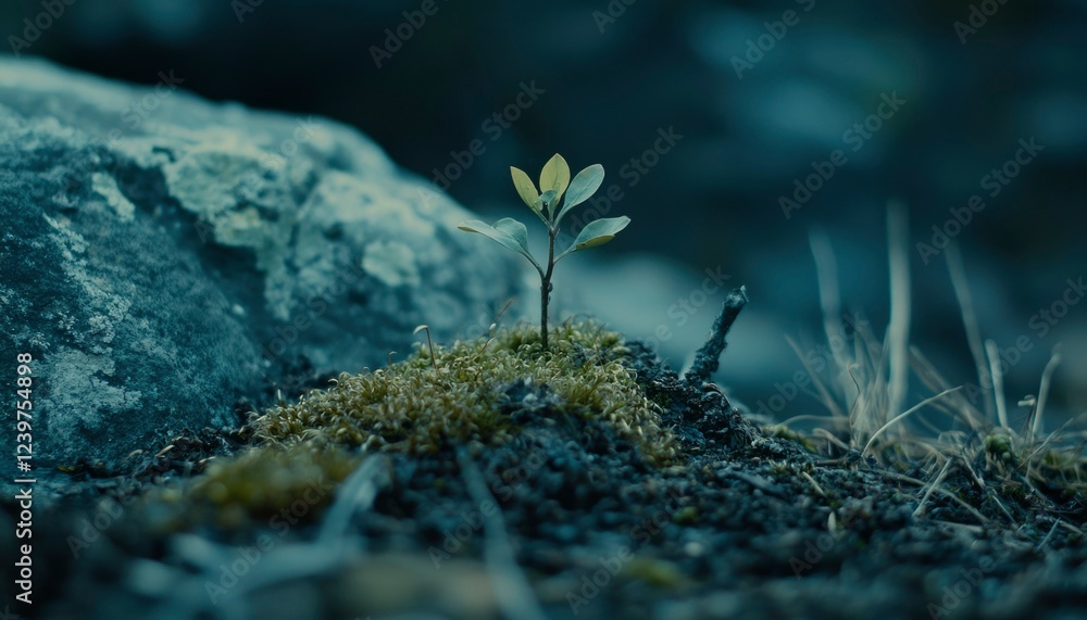 A Tiny Sapling Grows Amongst Mossy Rocks A Tiny Sapling Grows Amongst Mossy Rocks