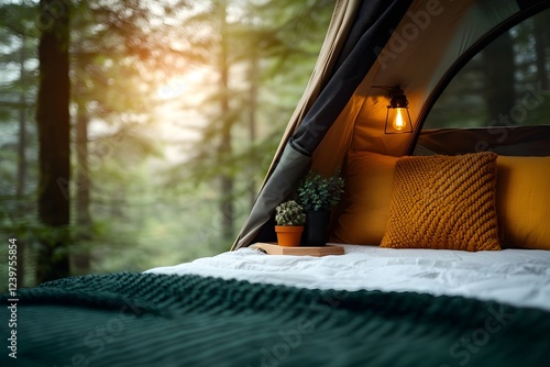 Cozy Woodland Tent Retreat with Inviting Plush Linens and Warm Lighting A serene documentary style photograph capturing a snug tent set amidst a lush emerald hued forest photo