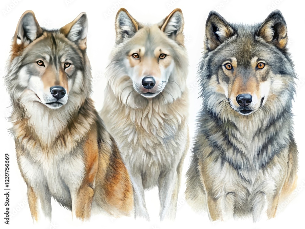 Expressive watercolor wolf studies: a captivating collection of artistic canine portraits. Expressive watercolor wolf studies: a captivating collection of artistic canine portraits.