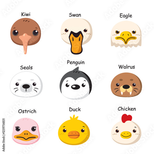 Kawaii animal head icon collection. Cute and friendly vector mascot illustrations