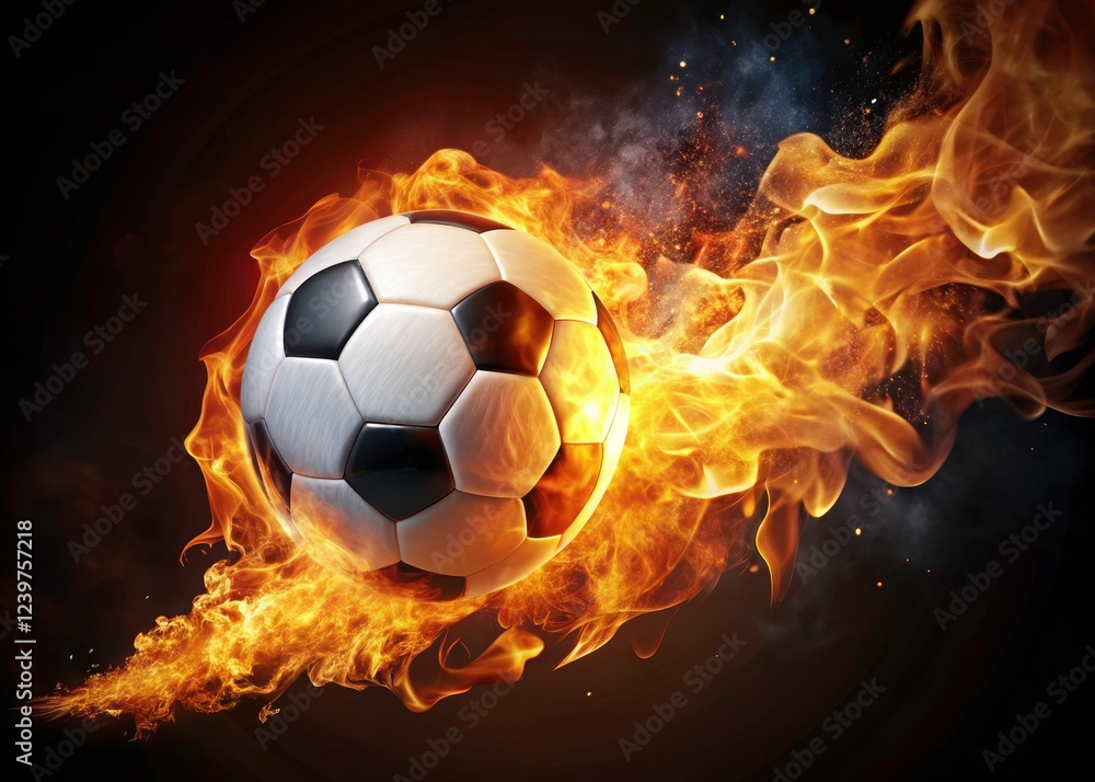 Fototapeta premium Fiery football: a scorching fireball image, a flaming soccer ball photo. Inferno on the pitch.